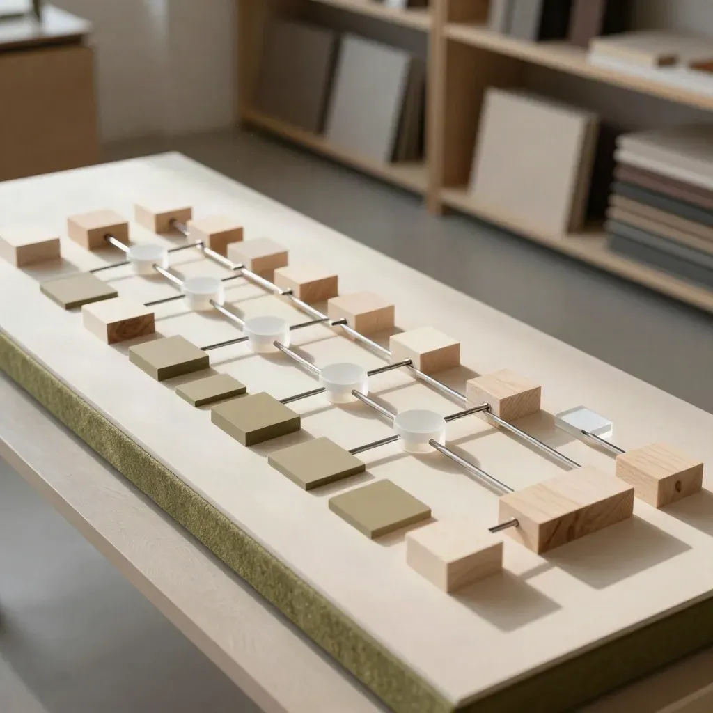 Branching sitemap sculpture in a bright studio, with pale wood blocks and metal connectors