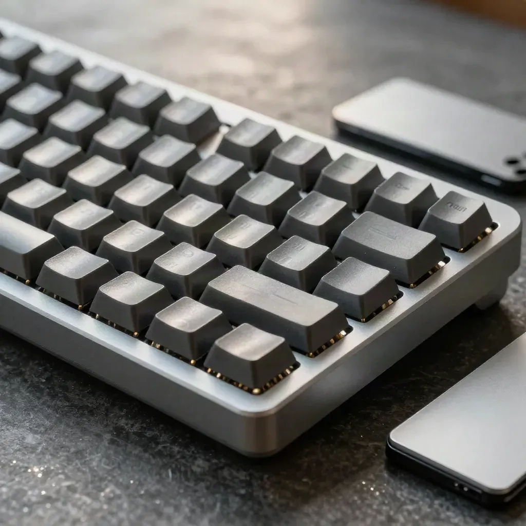 Extreme macro of a split keyboard, aluminium trackpad, wireframe cards and slim SSD on dark stone.