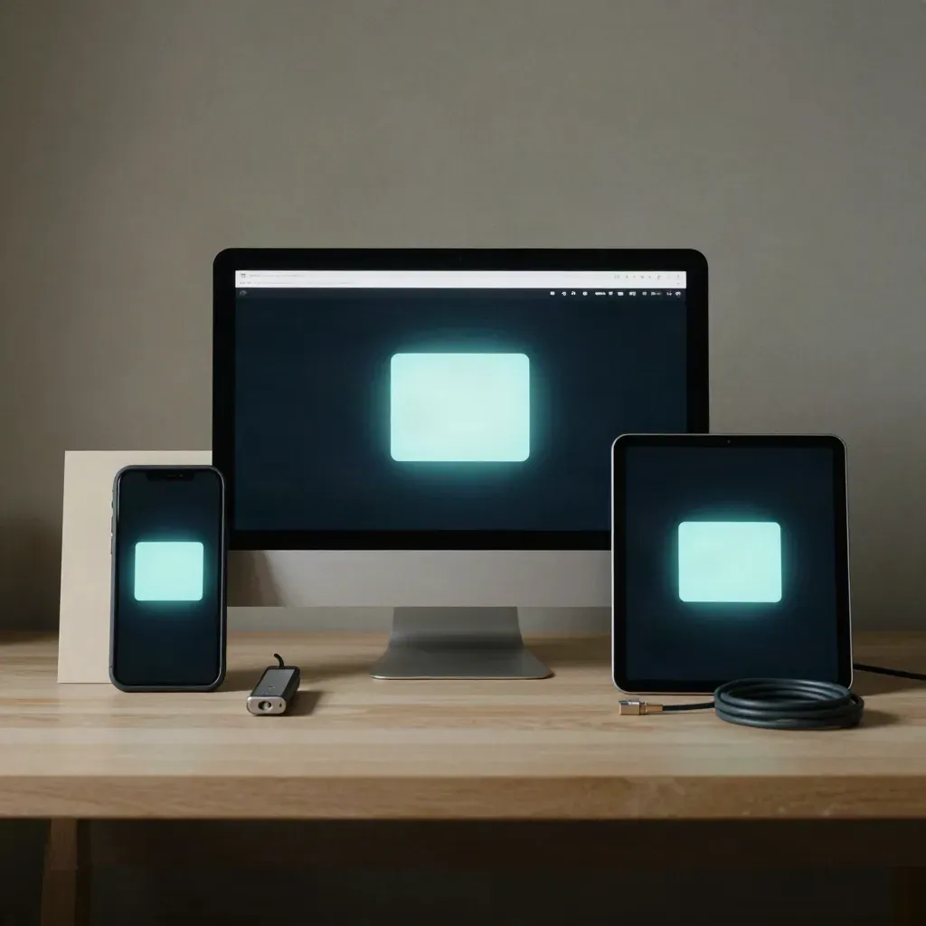 Phone, tablet and desktop shells with glowing test interface and dongle on pale wood.