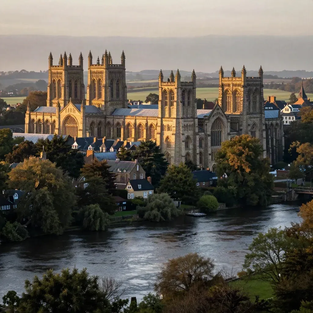 Durham Cathedral above misty Wear valley at golden hour with open foreground